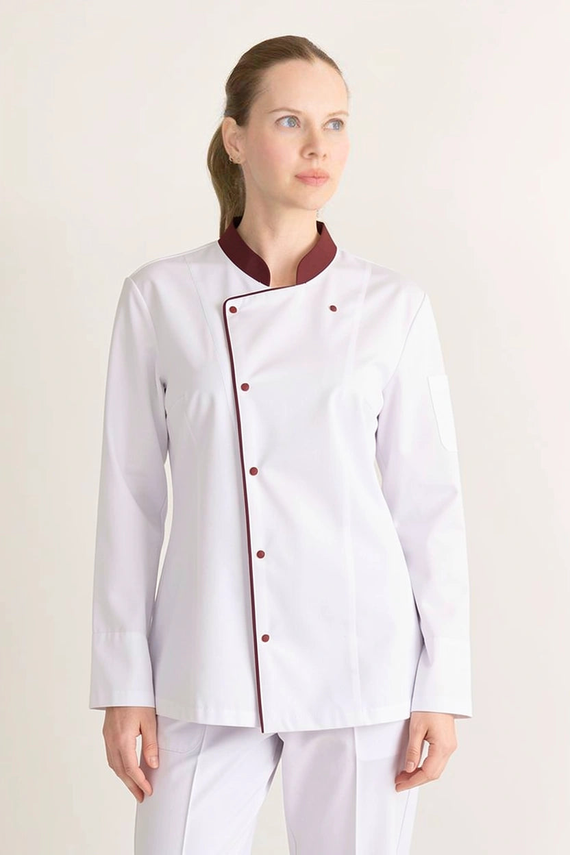 Beyaz - Bordo Detaylı Aşçı Üniforma Takımı - Likralı Modern Kesim