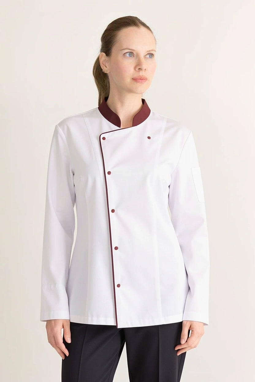 Beyaz - Bordo Detaylı Aşçı Üniforma Takımı - Likralı Modern Kesim