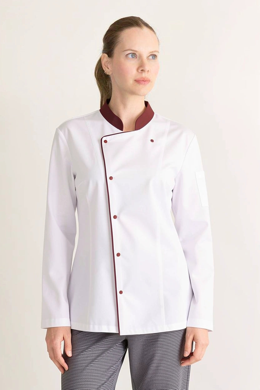 Beyaz - Bordo Detaylı Aşçı Üniforma Takımı - Likralı Modern Kesim